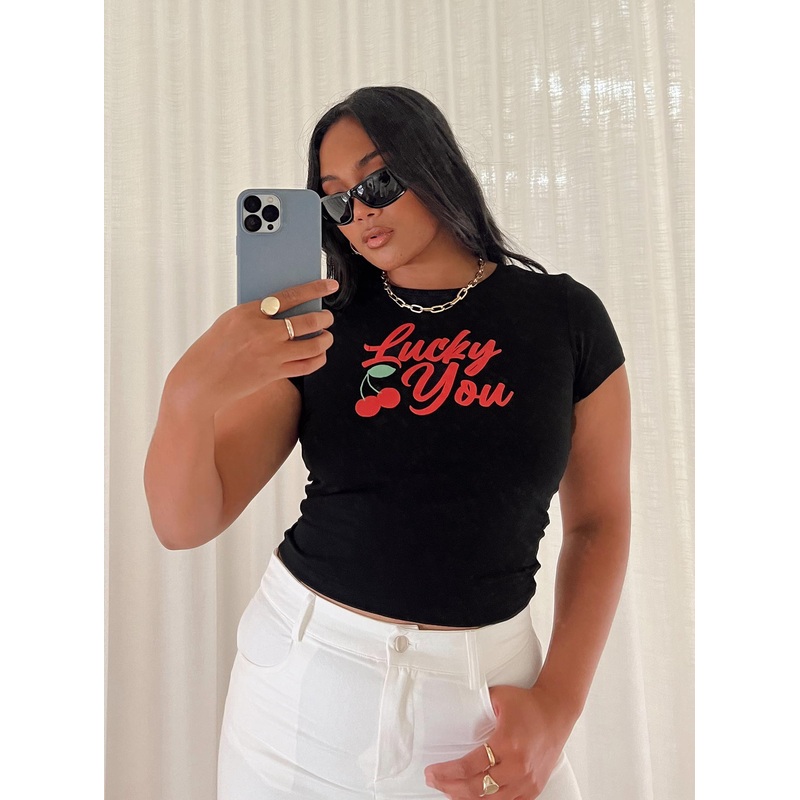 Lucky You Cherry Tee Black