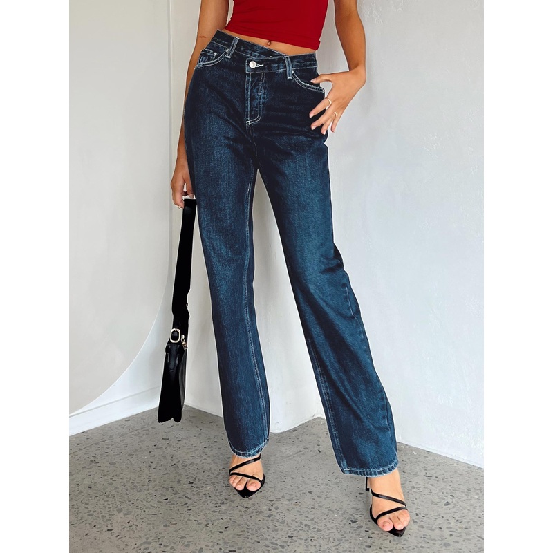 Holly Asymmetric Straight Leg Jean Dark Wash Denim
