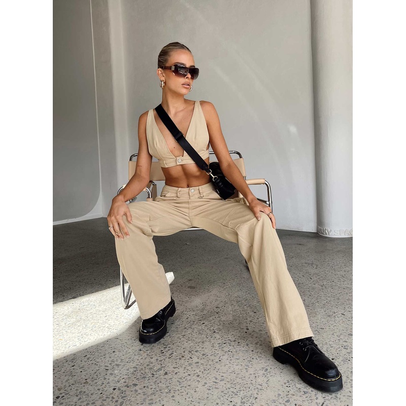 Paige Mid Rise Cargo Jean Denim Beige