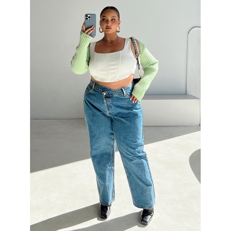 Holly Asymmetric Straight Leg Jean Mid Wash Denim Curve