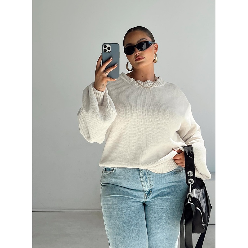 Harmony Balloon Sleeve Knit Sweater Beige Curve