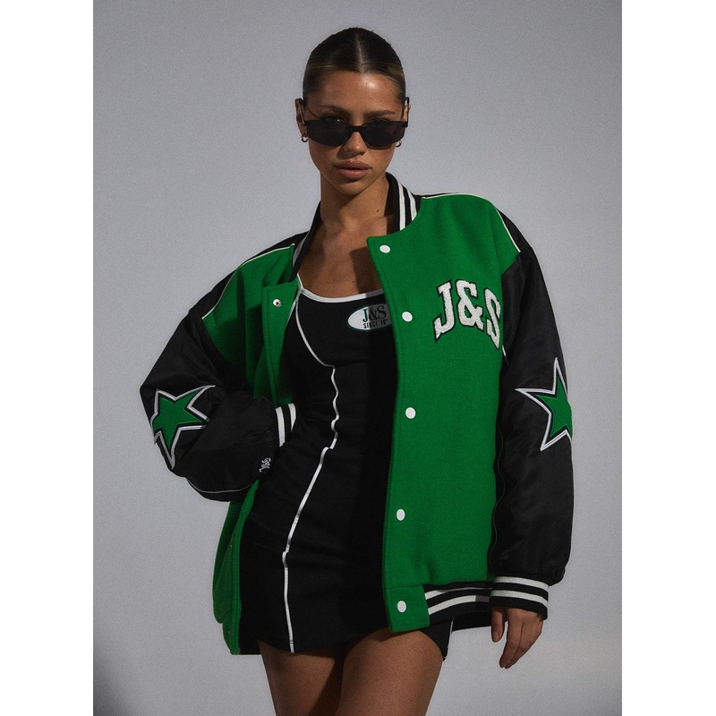 JGR & STN Hailey Letterman Bomber Jacket Green/Black
