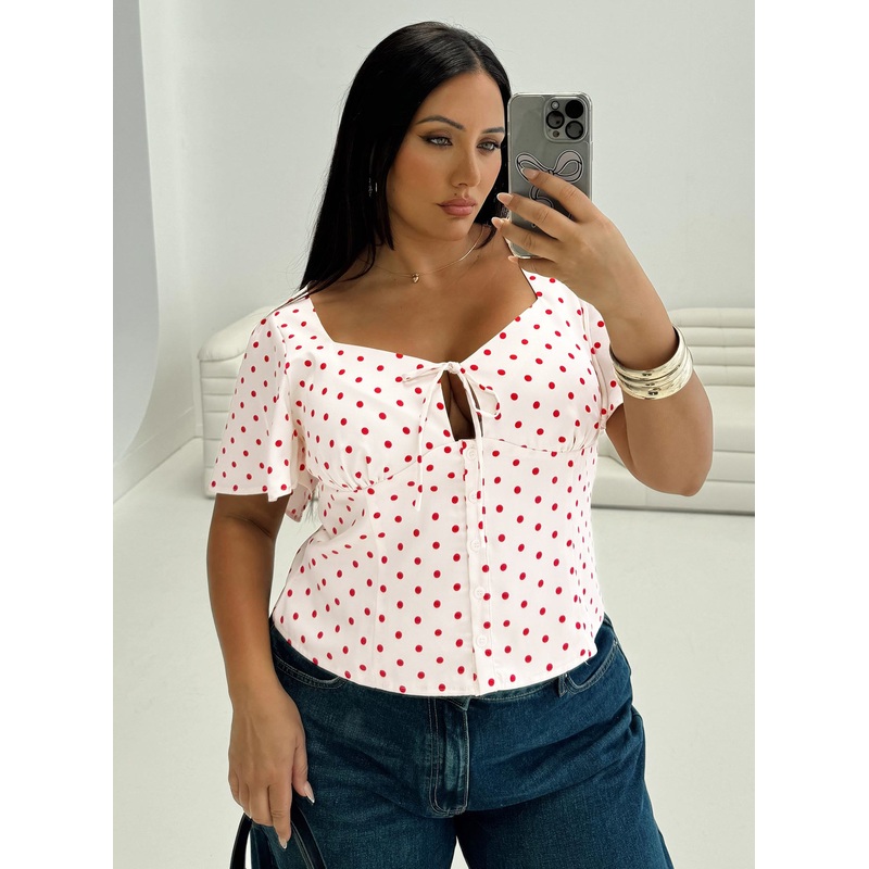 Adrienna Flutter Blouse White / Red Curve