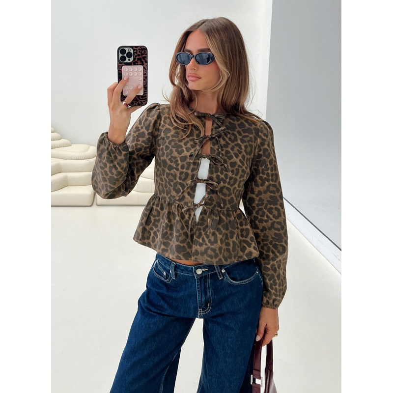 Recognize Tie Detail Long Sleeve Top Leopard