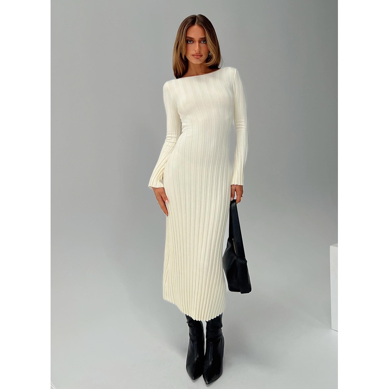 Ryo Long Sleeve Rib Maxi Dress Cream