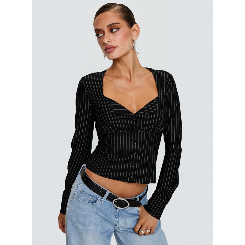 Set For Life Foldover Detail Long Sleeve Top Black / White Pinstripe