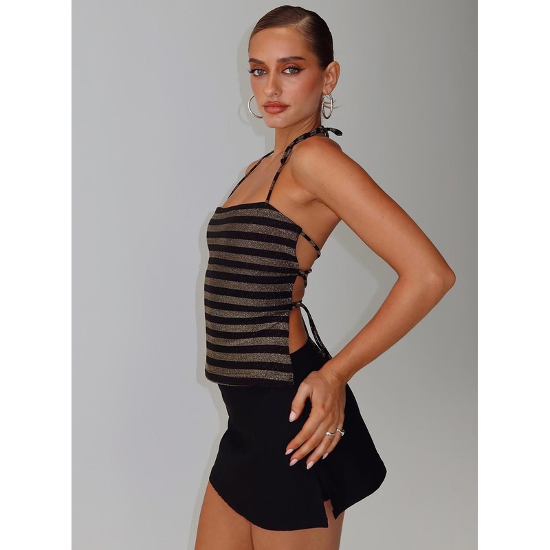 The Player Backless Tie Neck Top Gold / Black Stripe