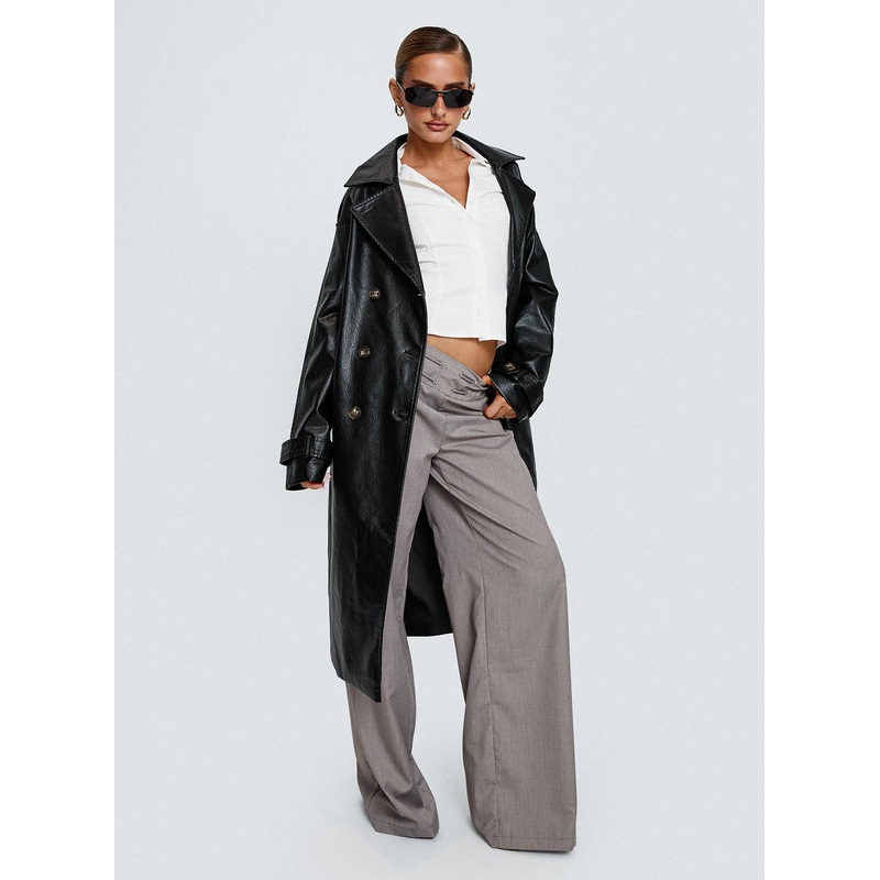 Think Later Faux Leather Trench Coat Black