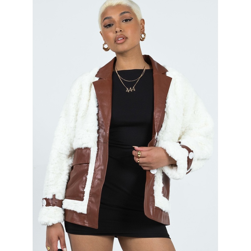 Tudor PU Faux Fur Jacket White / Brown