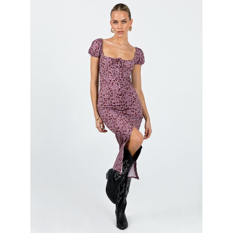 Motel Larson Dress 90s Floral Burgundy