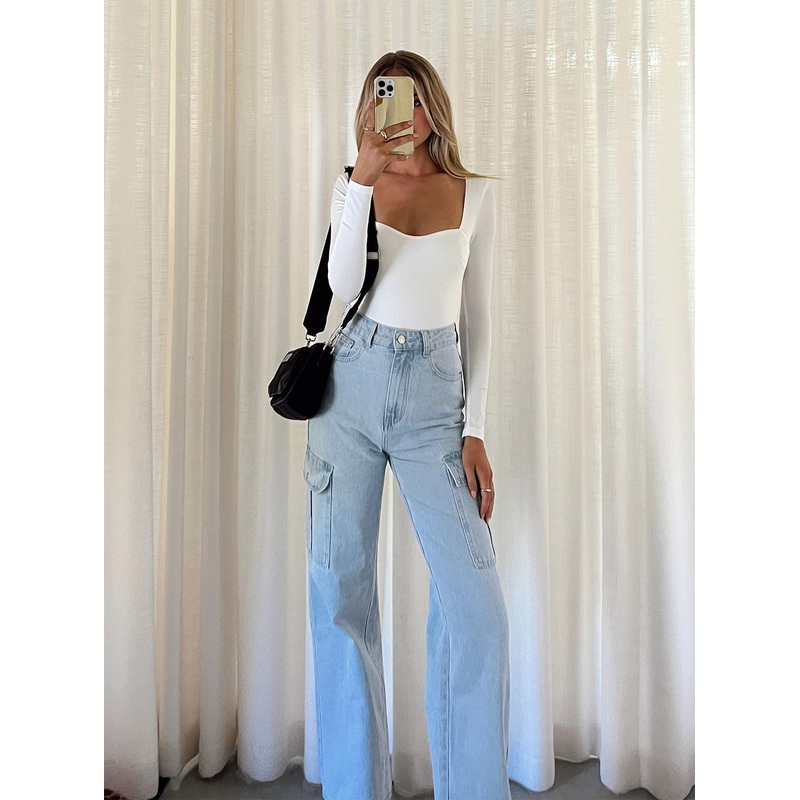 Pimaga Wide Leg Cargo Jeans Light Wash Denim