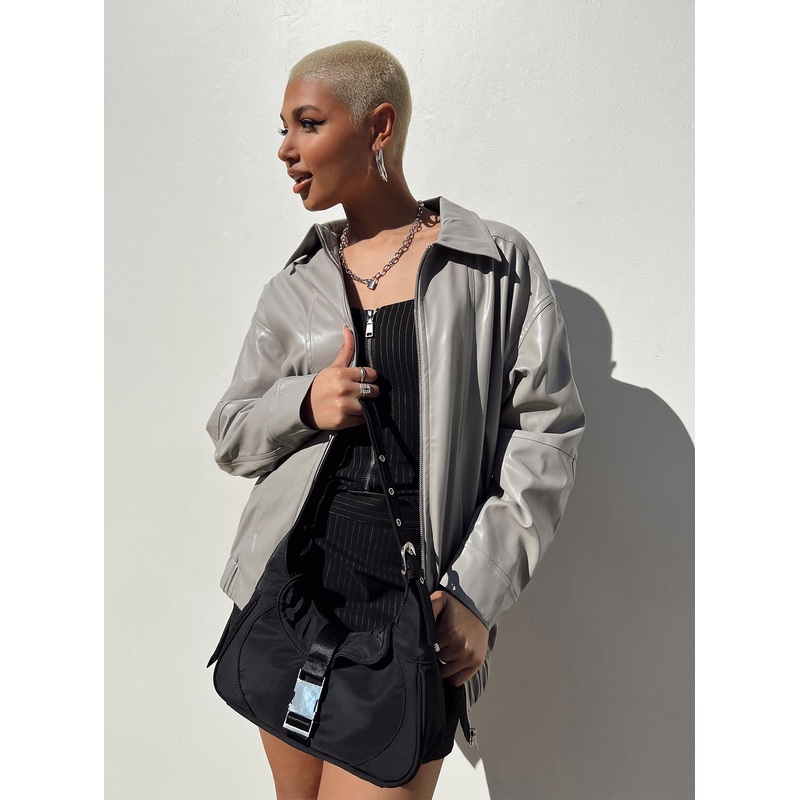 Braelynn Faux Leather Bomber Jacket Grey