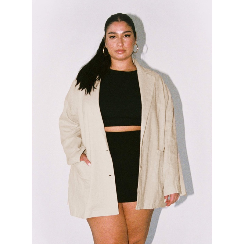 Amber Oversized Linen Blazer Beige Curve