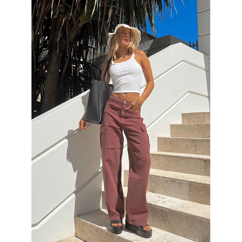 Addy Wide Leg Cargo Jeans Burgundy