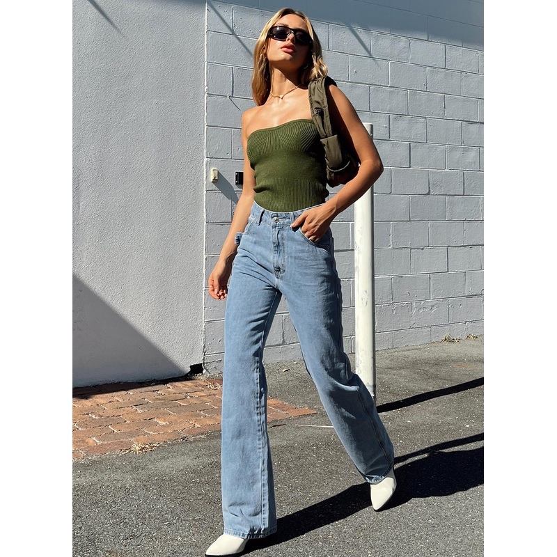 Morala Wide Leg Cargo Jeans Mid Wash Denim