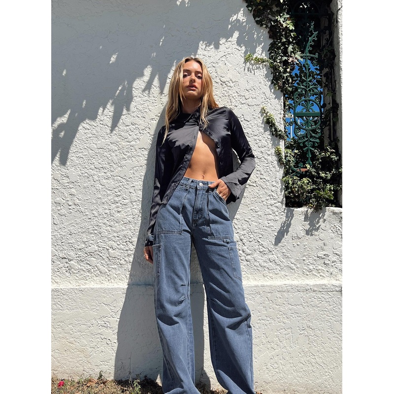 Oatland Wide Leg Cargo Jeans Mid Wash Denim