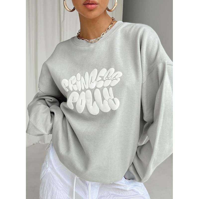 Princess Polly Crew Neck Sweatshirt Bubble Text Grey / Cloud White