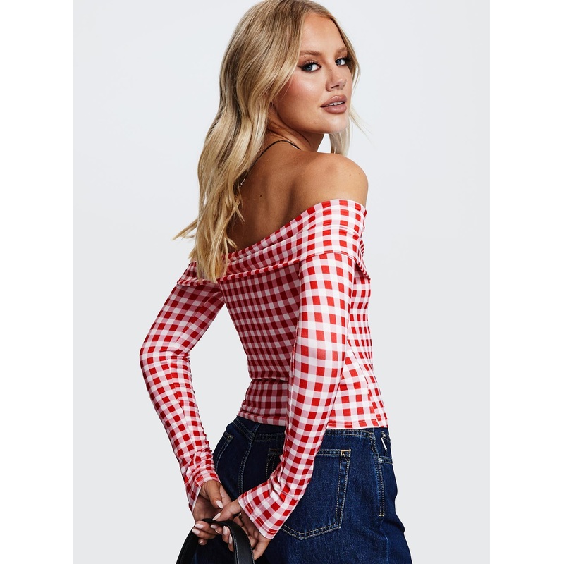 Singular Off The Shoulder Long Sleeve Top Red Check