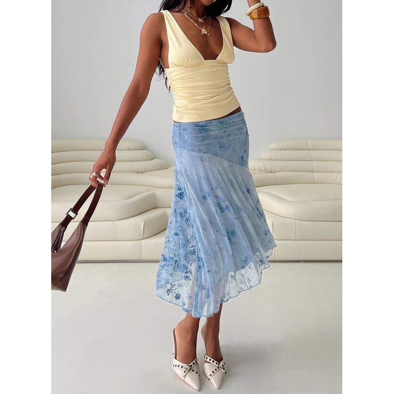 Summer Rain Asymmetrical Midi Skirt Blue