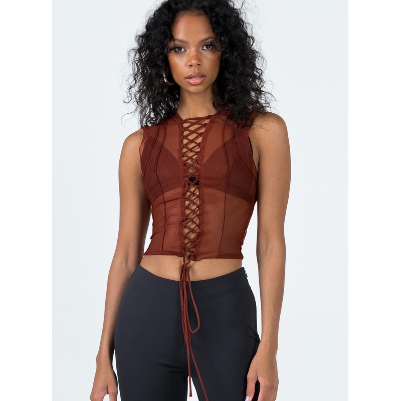 Carlingford Lace Up Top Brown