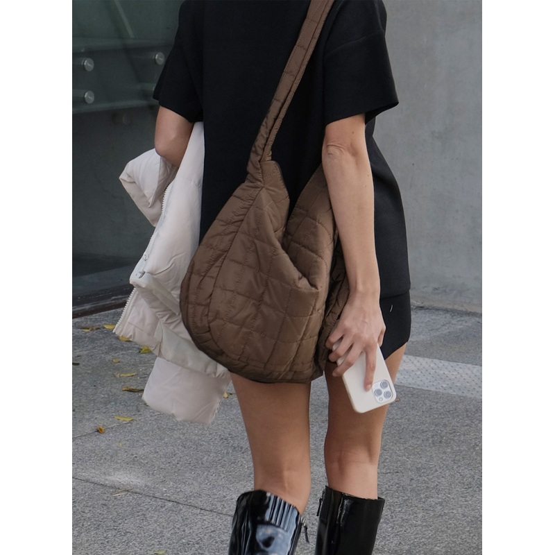 Kingsley Nylon Quilted Shoulder Bag Brown