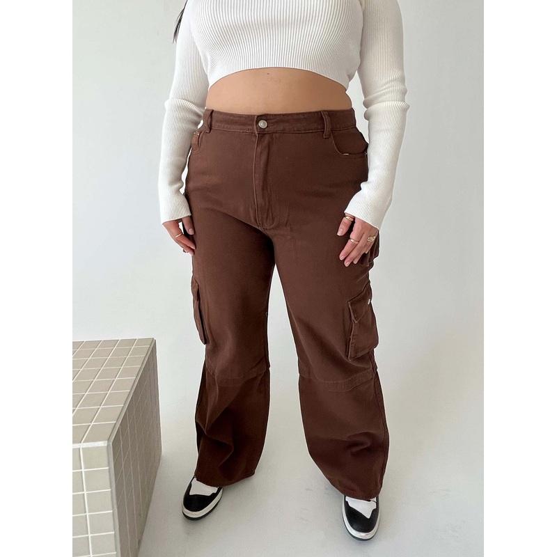 Darla Cargo Denim Jeans Brown Curve