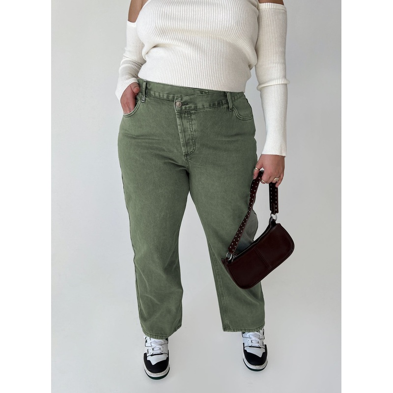 Holly Asymmetric Straight Leg Jean Green Denim Curve