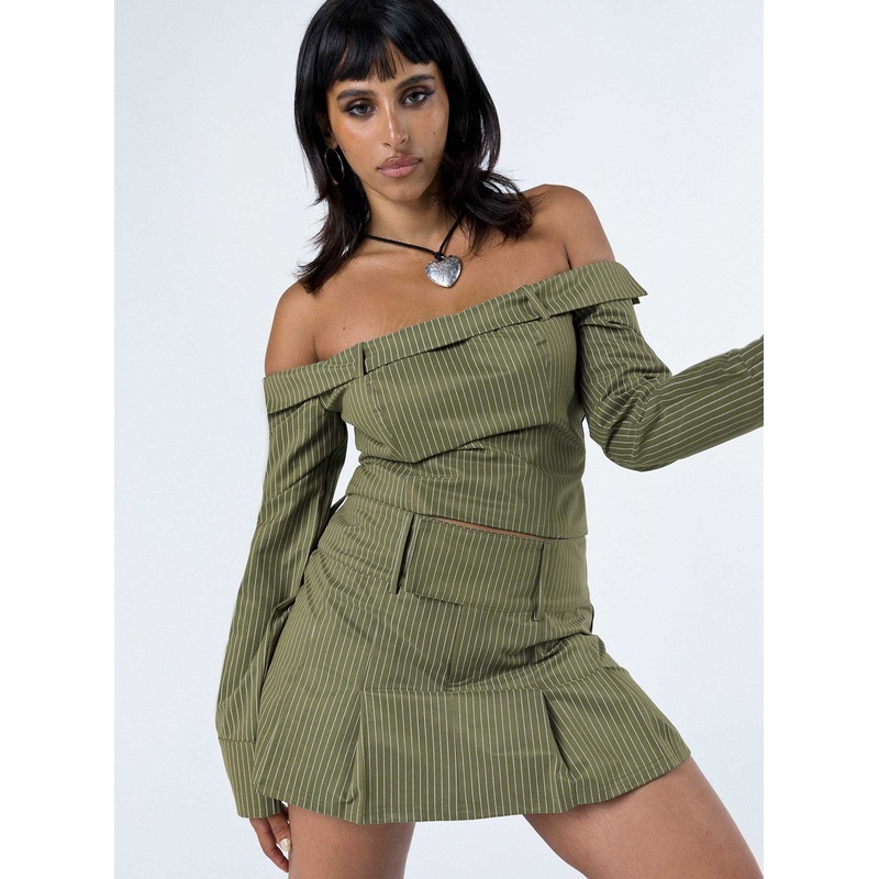 Valentina Cargo Mini Skirt Green Pinstripe