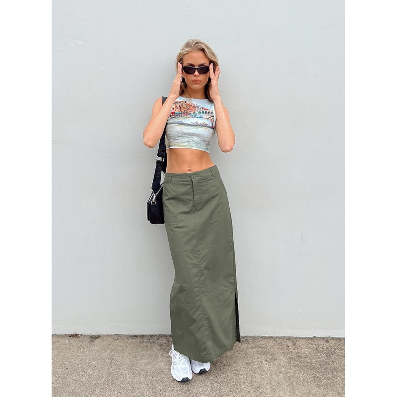 Devine Cargo Maxi Skirt Khaki