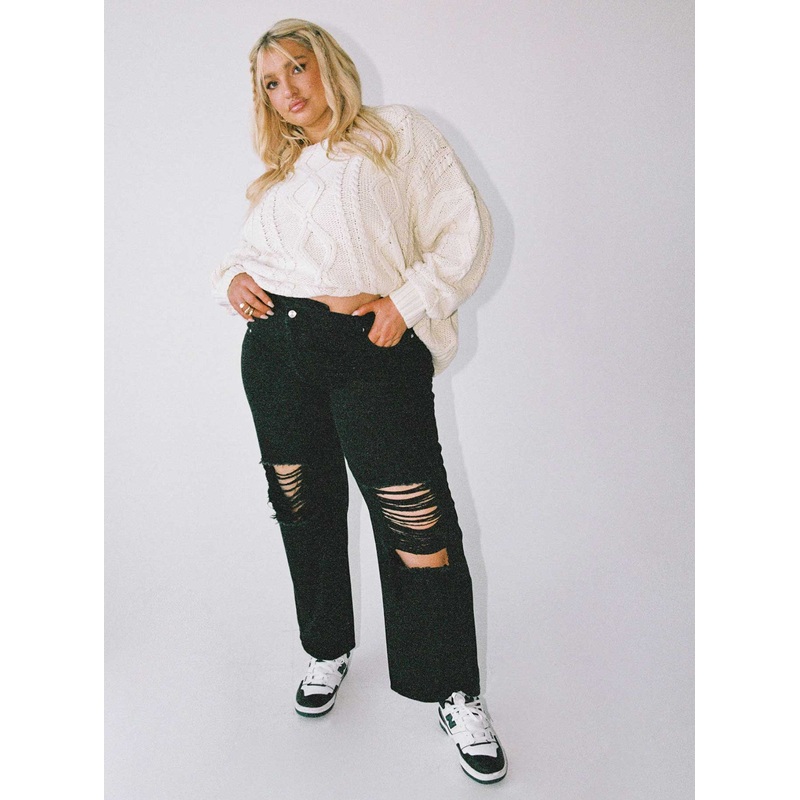 Holly Asymmetric Ripped Leg Jeans Black Denim Curve