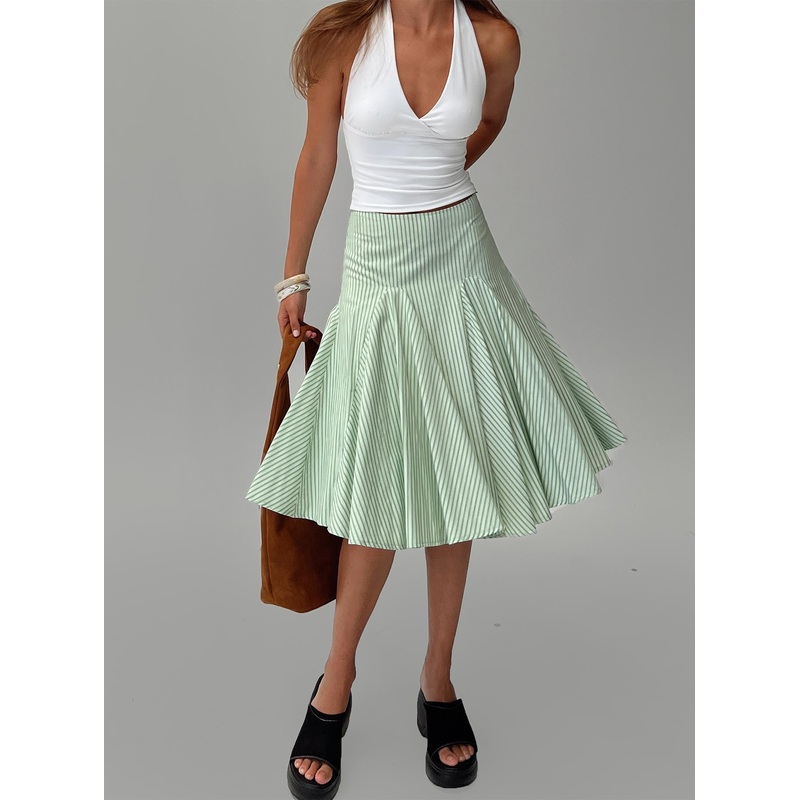 Evangaleine Pleat Midi Skirt Green / White
