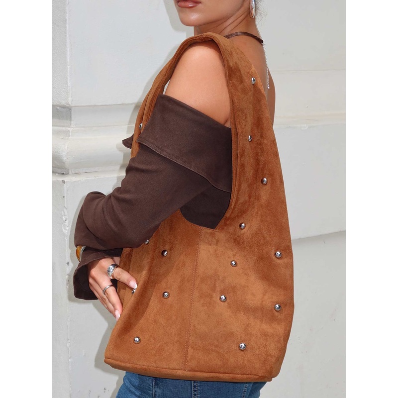 Stellah Studded Faux Suede Bag Brown