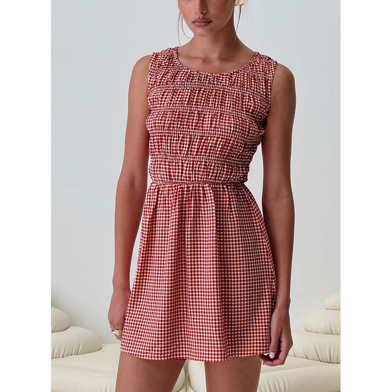 Winxie Shirred Mini Dress Red Gingham