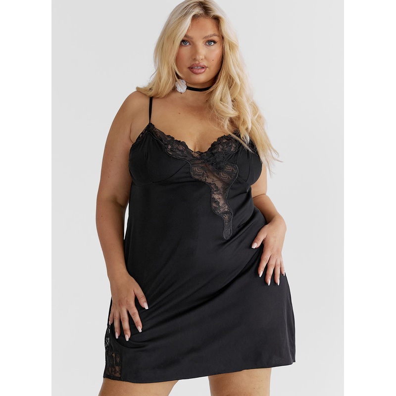 Agnola Lace Trim Mini Dress Black Curve