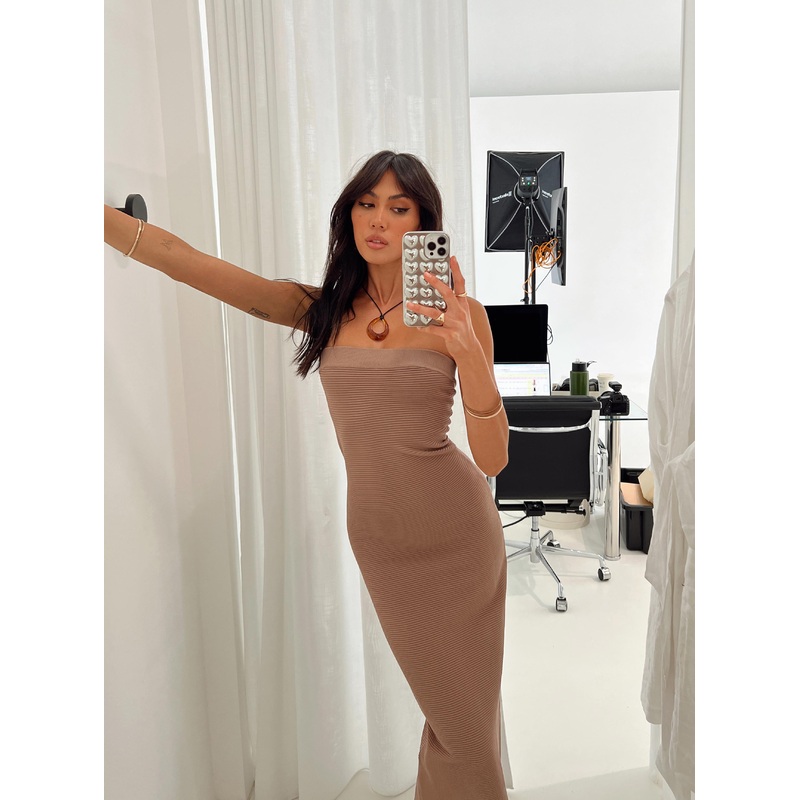Vista Strapless Midi Dress Brown