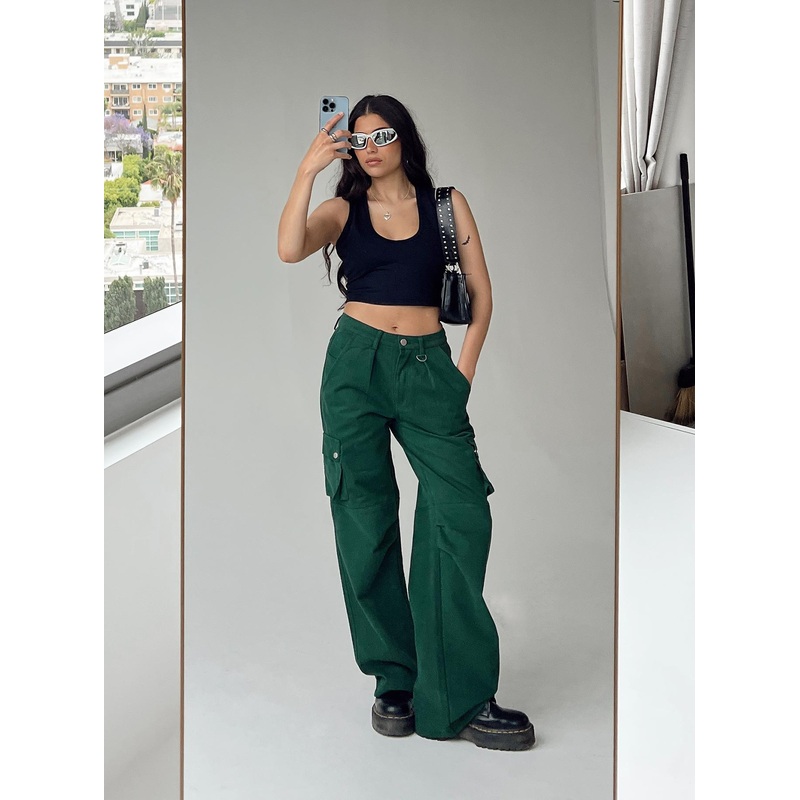 Paige Mid Rise Cargo Jean Denim Green Petite