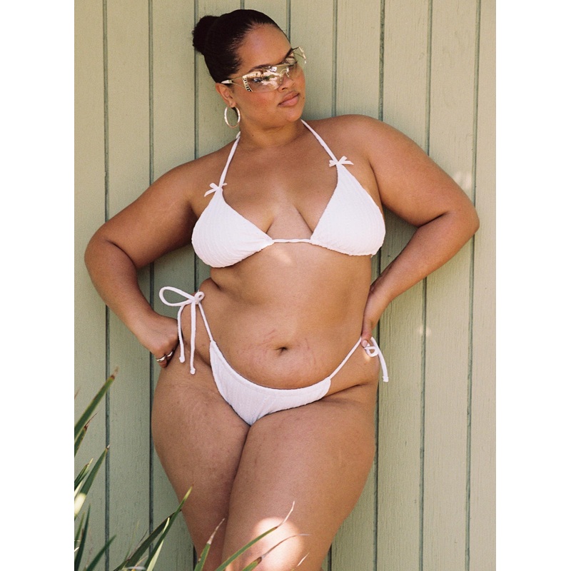 Jenner Tie Side Ruched White Anglaise Bikini Bottom Curve
