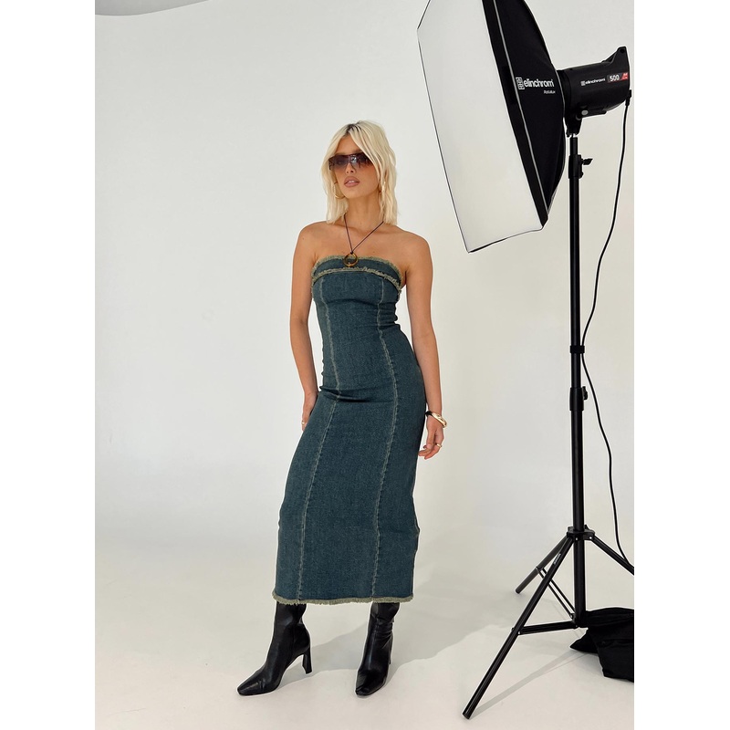 Atun Bandeau Maxi Dress Blue Acid Wash