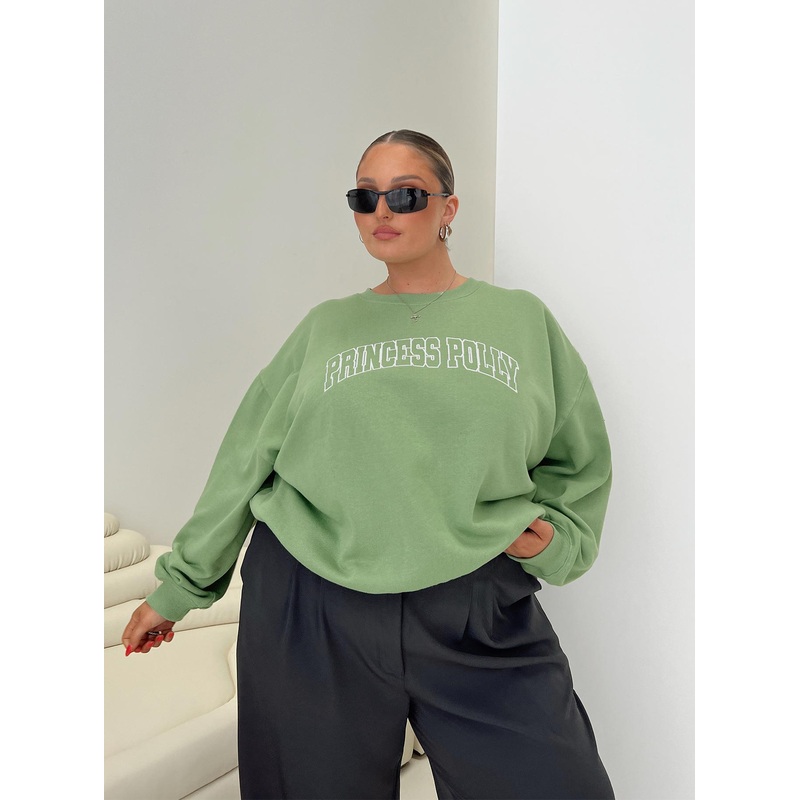 Princess Polly Crew Neck Sweatshirt Collegiate Text Green Curve