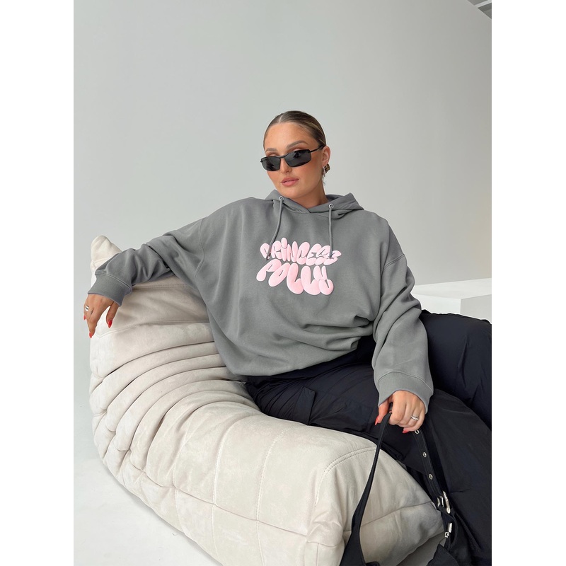 Princess Polly Hooded Sweatshirt Bubble Text Charcoal / Light Pink Curve