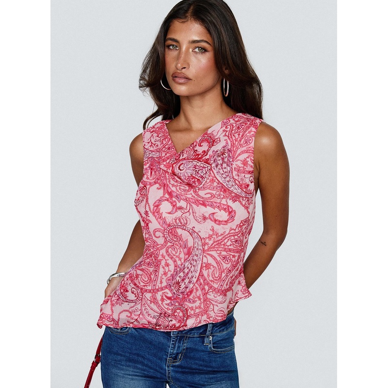 Blame The Rain Cowl Neck Top Pink Paisley