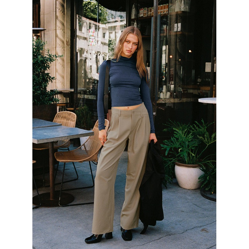 Caley Asymmetric Waistband Pants Beige