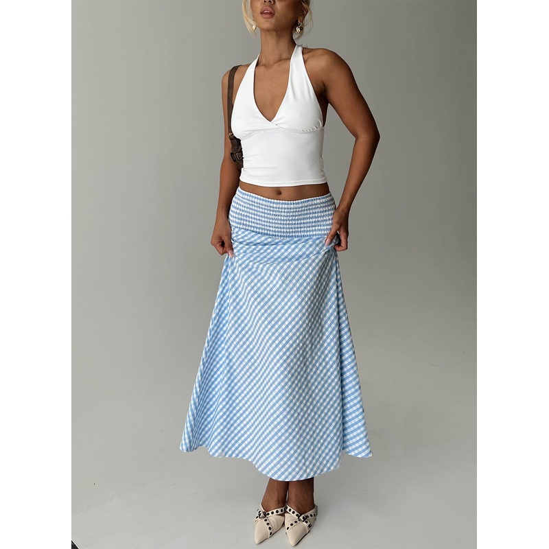 Every Girl Shirred Maxi Skirt Blue Check