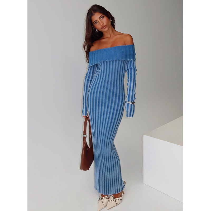Mariska Long Sleeve Rib Maxi Dress Blue