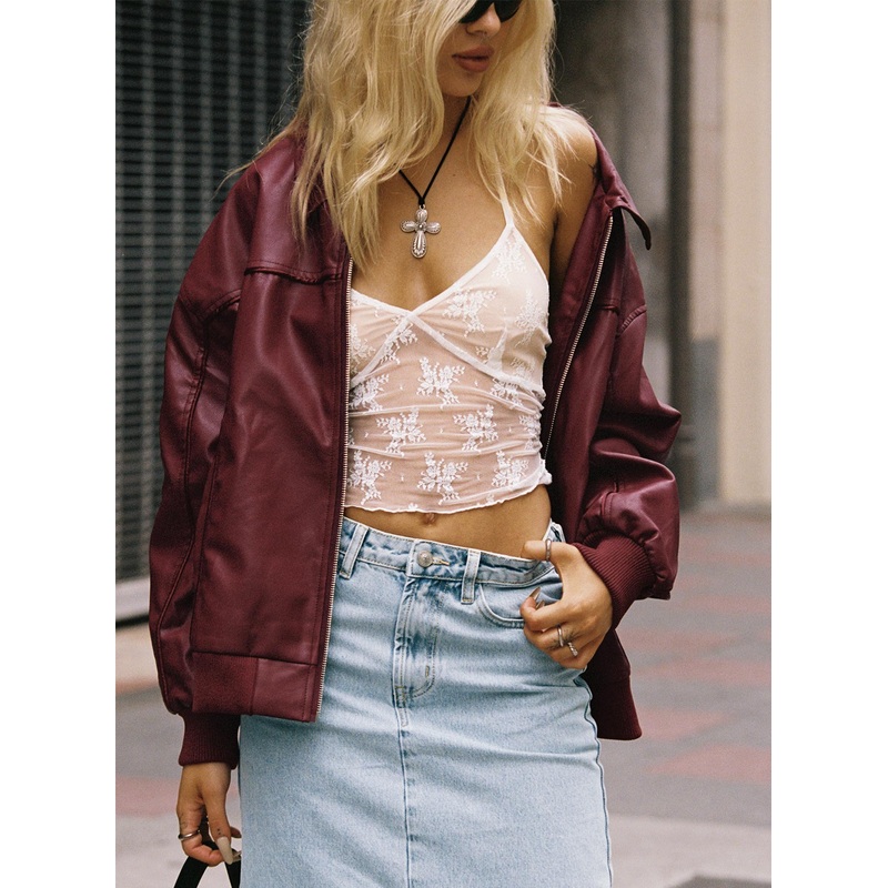 Goldsmith Faux Leather Bomber Jacket Burgundy