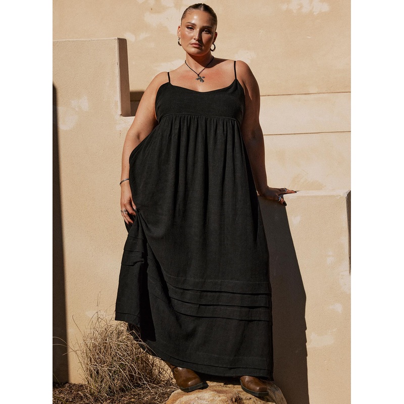 Milden Linen Blend Maxi Dress Black Curve