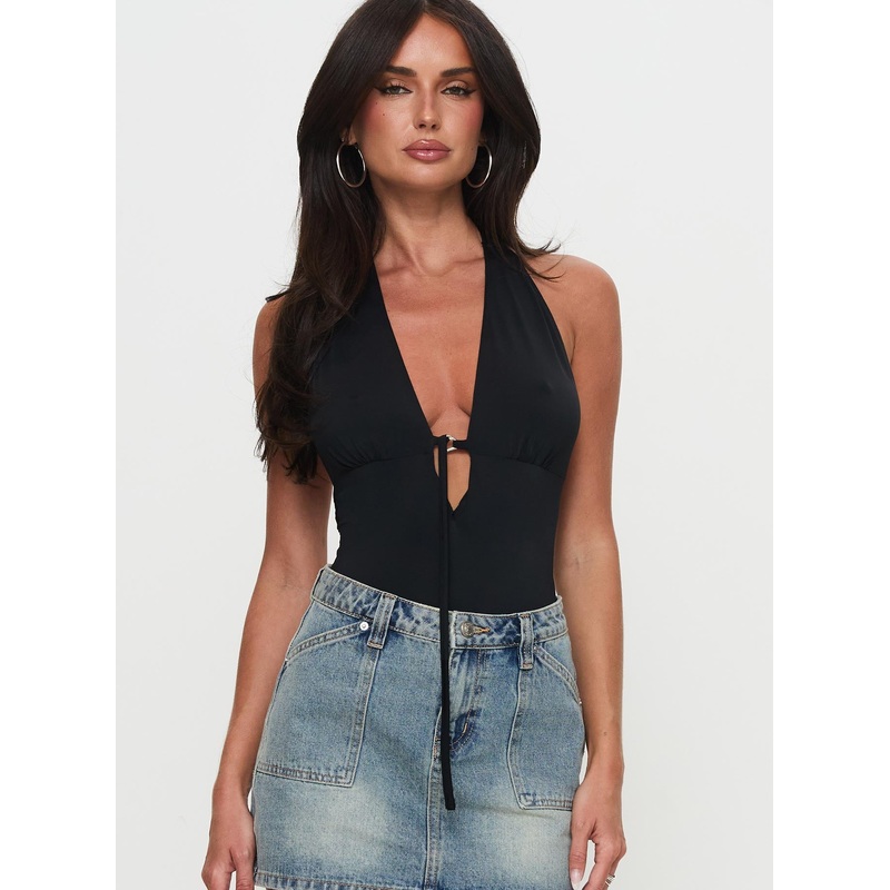 Two Summers Plunge Neck Bodysuit Black Tall