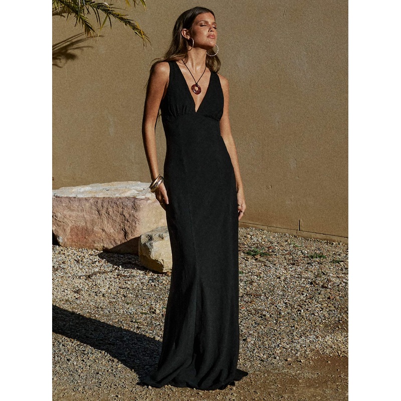 Verde Linen Blend Maxi Dress Black