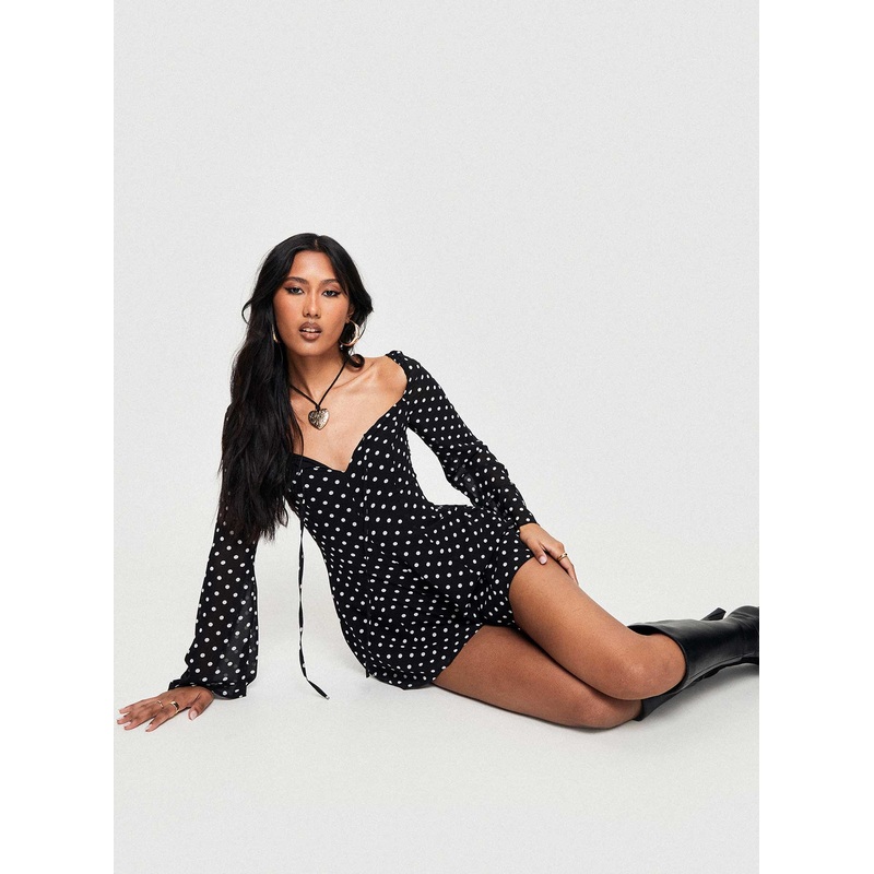 Wandra Polka Dot Long Sleeve Romper Black / White