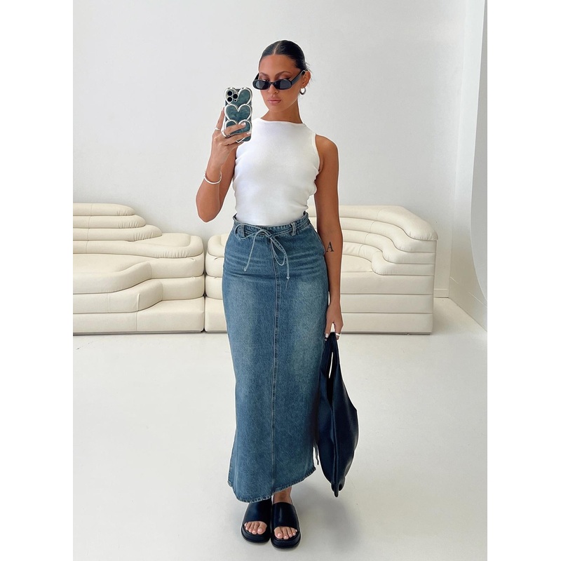 Brandee Tie Front Denim Maxi Skirt Mid Blue